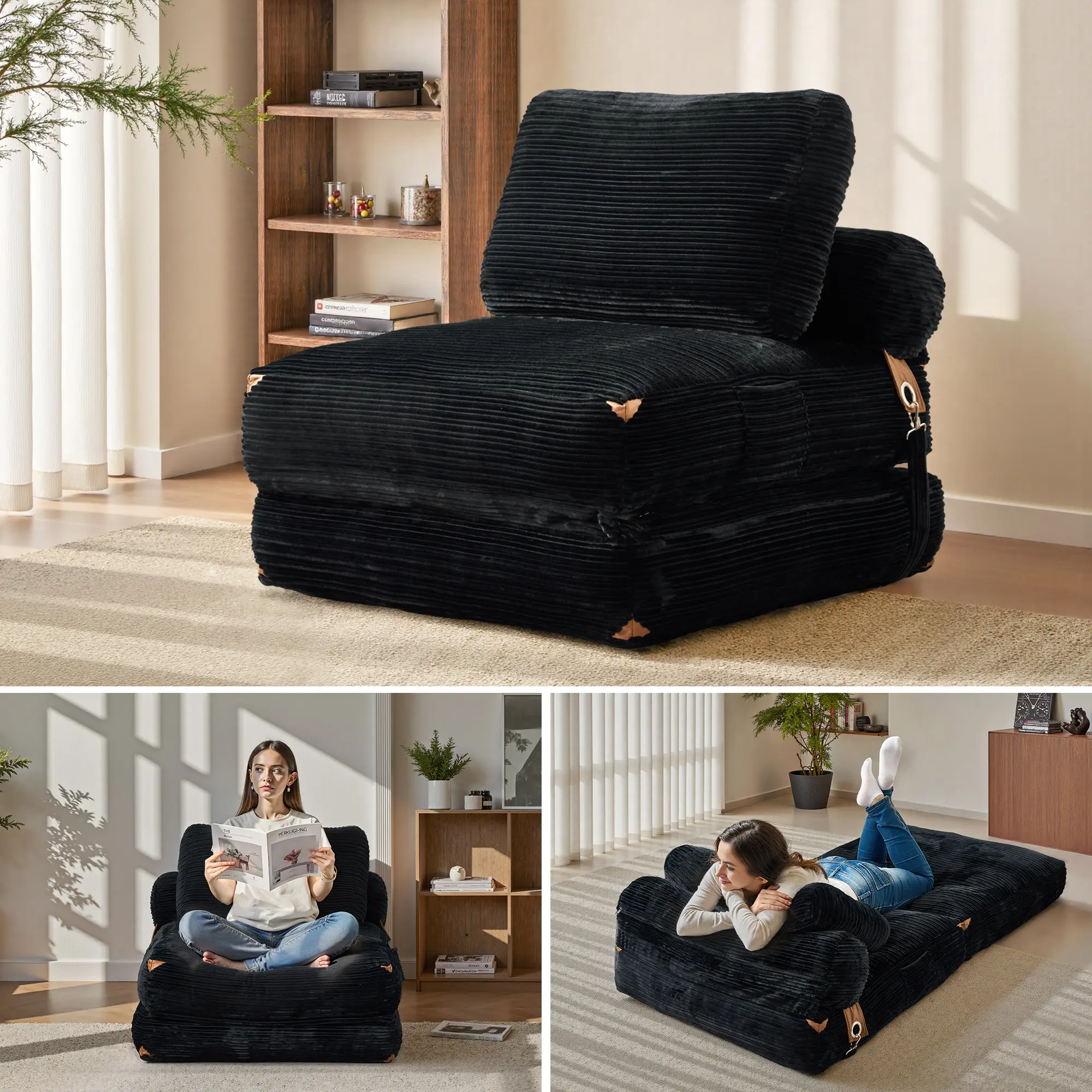 3‑in‑1 Convertible Folding Sofa Bed, No‑Assembly Oversized Chaise Lounge Floor Couch for Small Spaces
