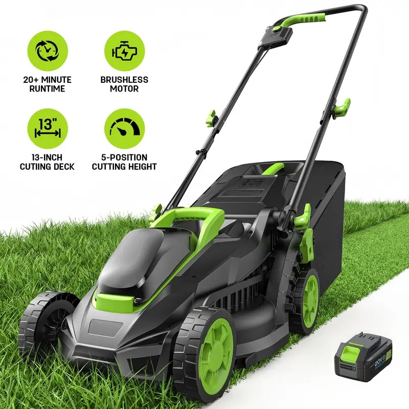 20V 13-Inch Brushless Cordless Lawnmower, 4.0Ah Battery & Charger Included, Ultra-Light Push Mower, 8-Gal Collection Bag, 2-in-1 Mulch & Bag for Small Lawns