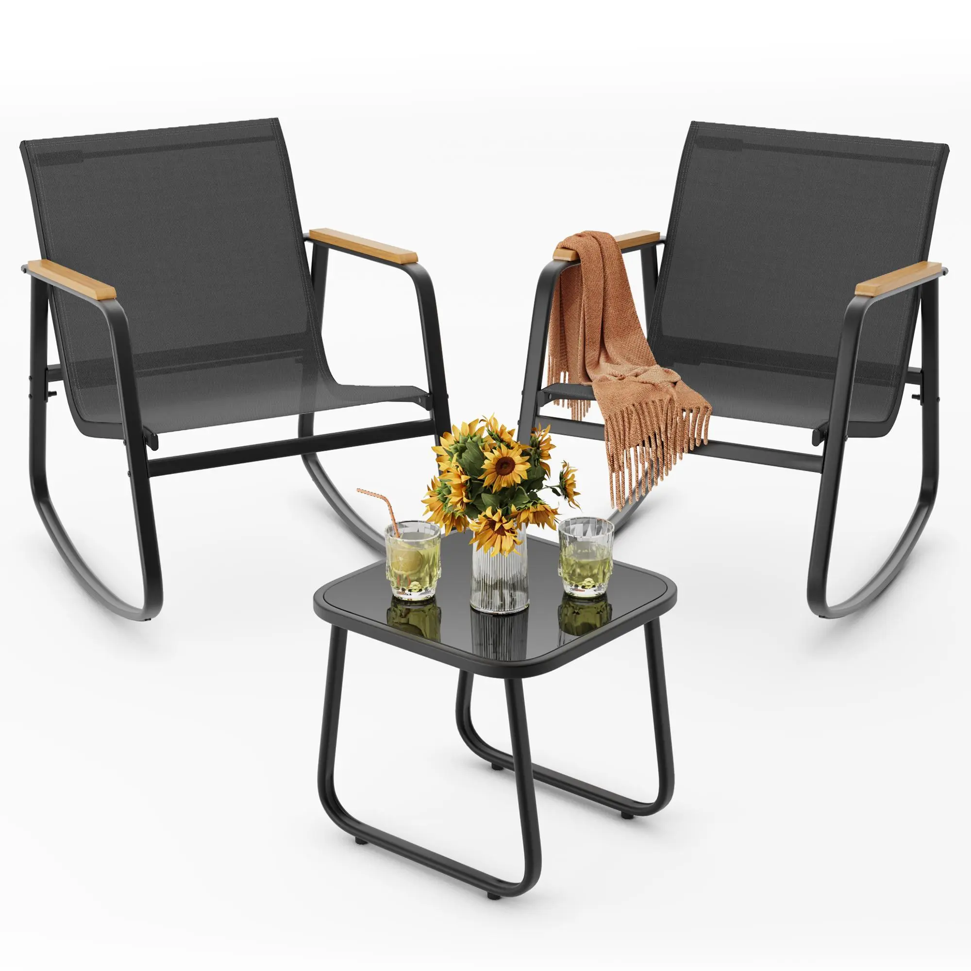 3‑Piece Rocking Bistro Set, PVC‑Coated Polyester Sling Patio Rocking Chairs with Coffee Table for Garden, Balcony & Poolside