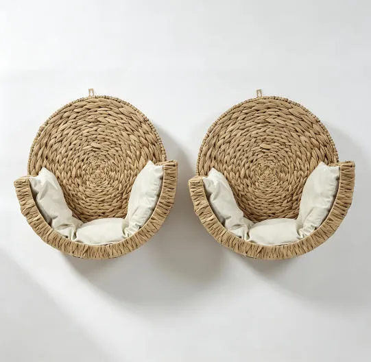 Hand‑Woven Rattan Wall‑Mounted Cat Bed, Floating Cat Perch with Removable Soft Cushion for Indoor Cats
