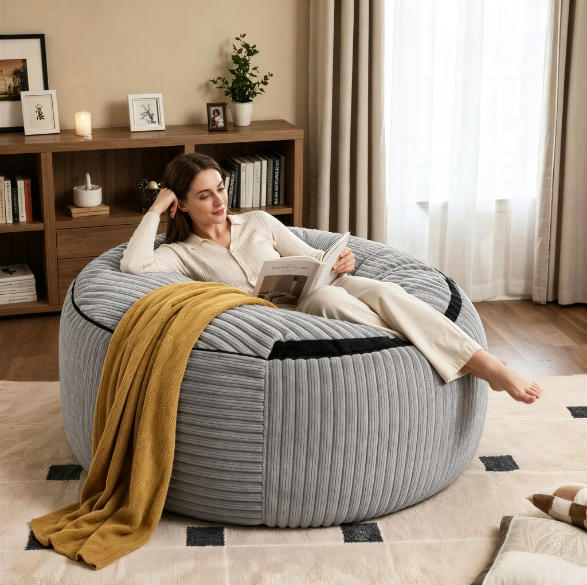 5-8FT Giant Memory Foam Bean Bag Lazy Sofa, Modern Fully Assembled Armless Couch, Durable Corduroy Furniture with Removable Machine-Washable Cover for Living Room & Apartment