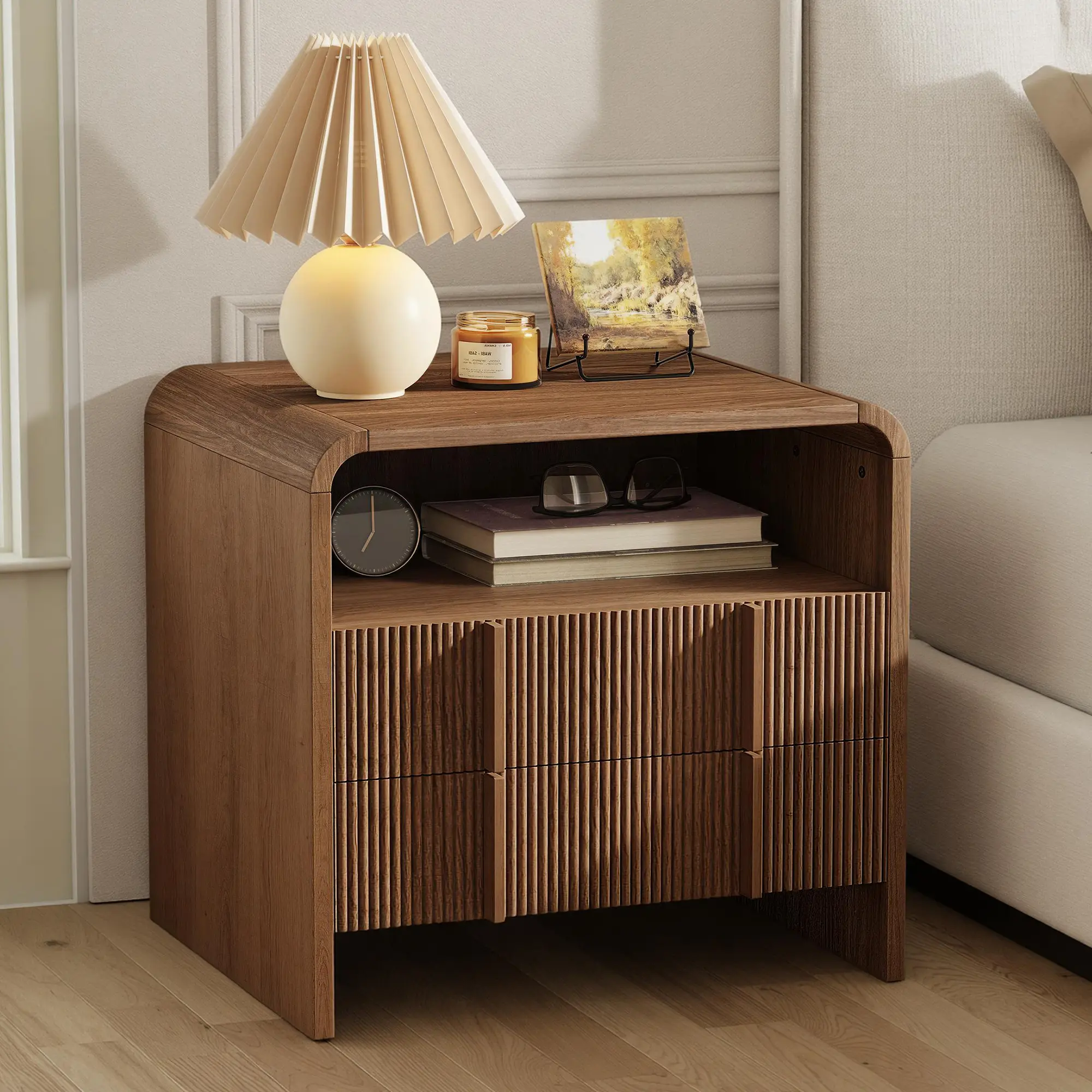 Modern Nightstand Pedestal with Storage Drawer and Pine Handles - Engineered Wood Side Table