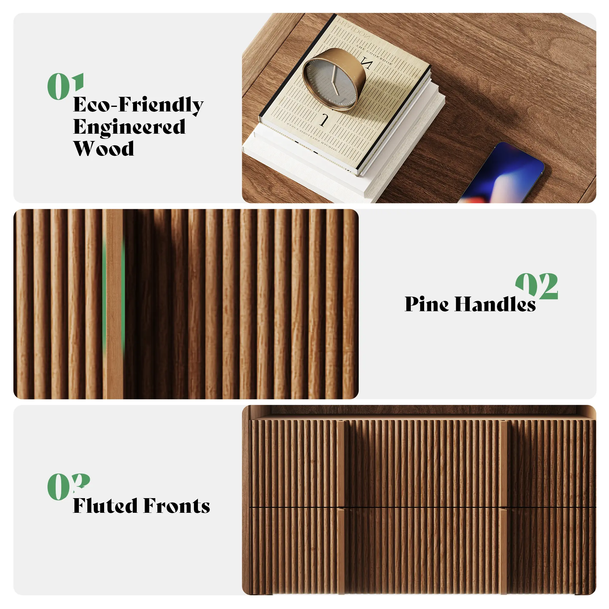 Modern Nightstand Pedestal with Storage Drawer and Pine Handles - Engineered Wood Side Table