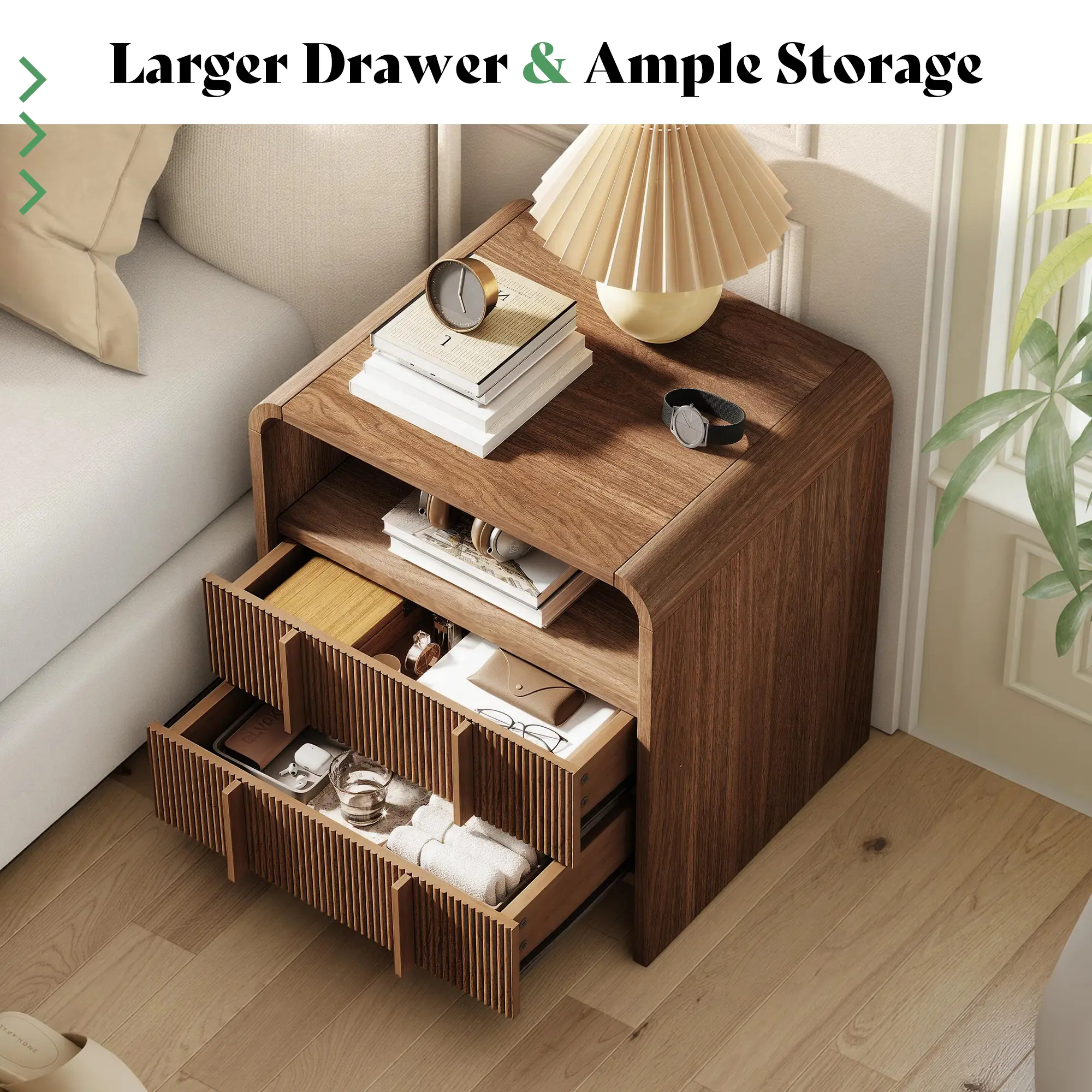 Modern Nightstand Pedestal with Storage Drawer and Pine Handles - Engineered Wood Side Table
