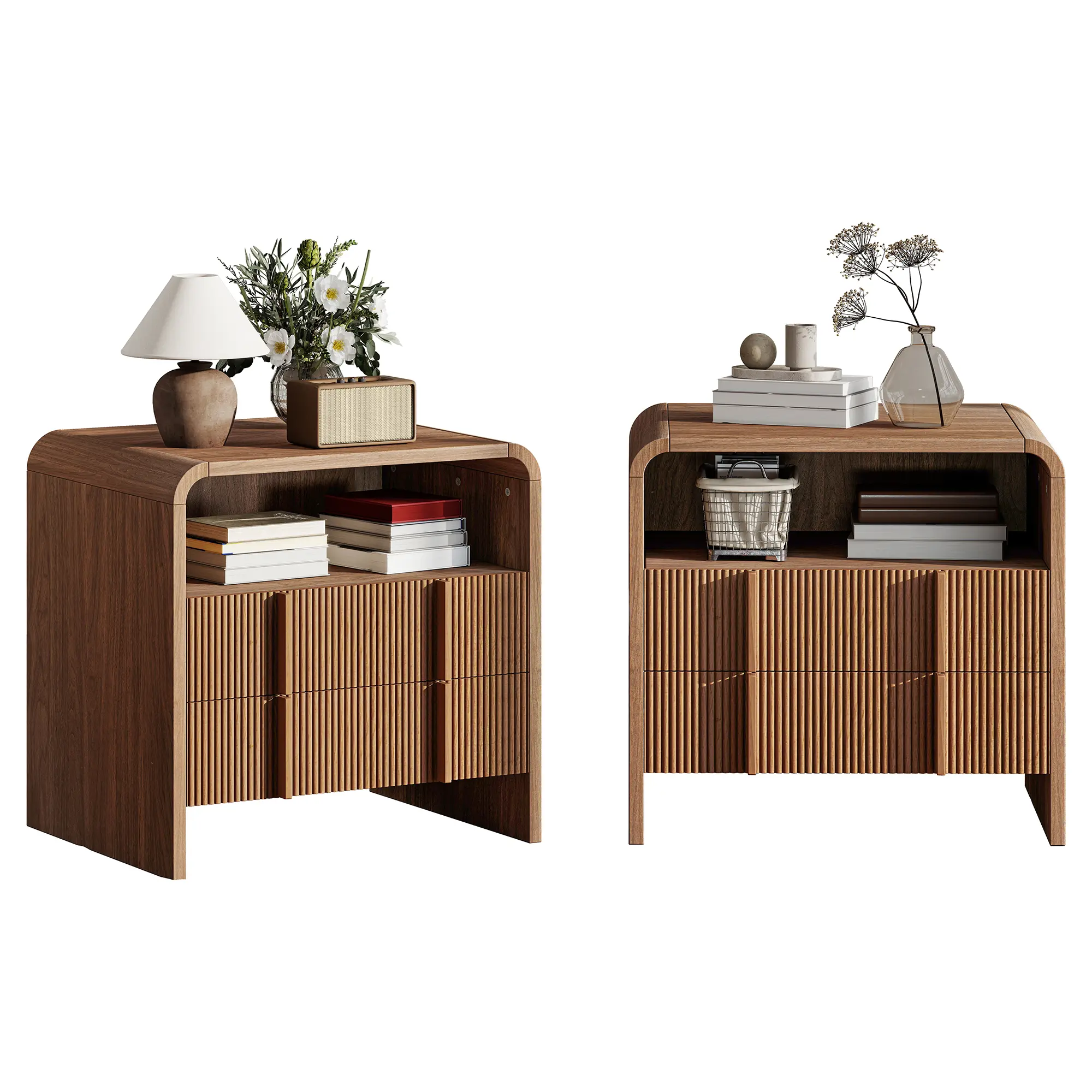 Modern Nightstand Pedestal with Storage Drawer and Pine Handles - Engineered Wood Side Table
