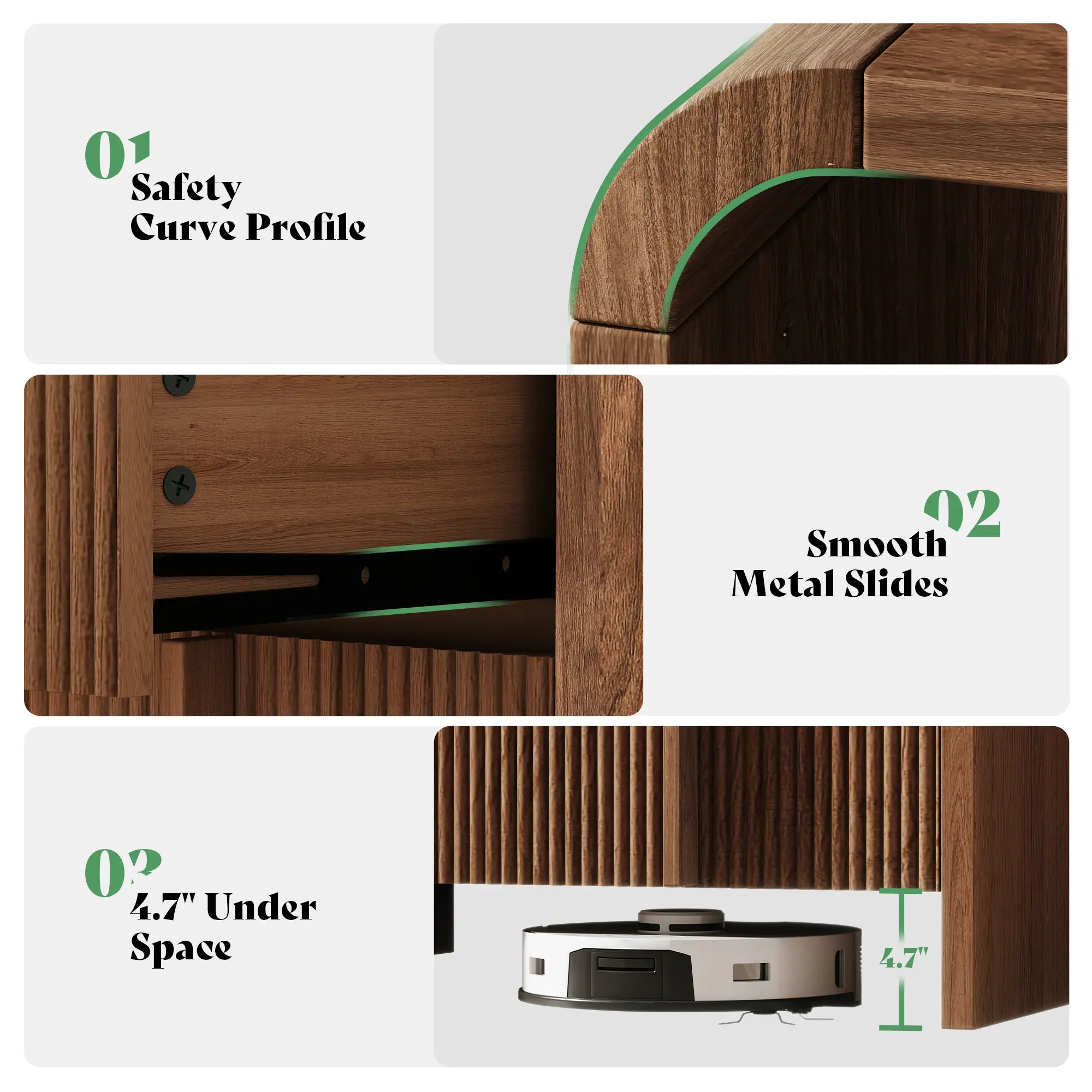 Modern Nightstand Pedestal with Storage Drawer and Pine Handles - Engineered Wood Side Table
