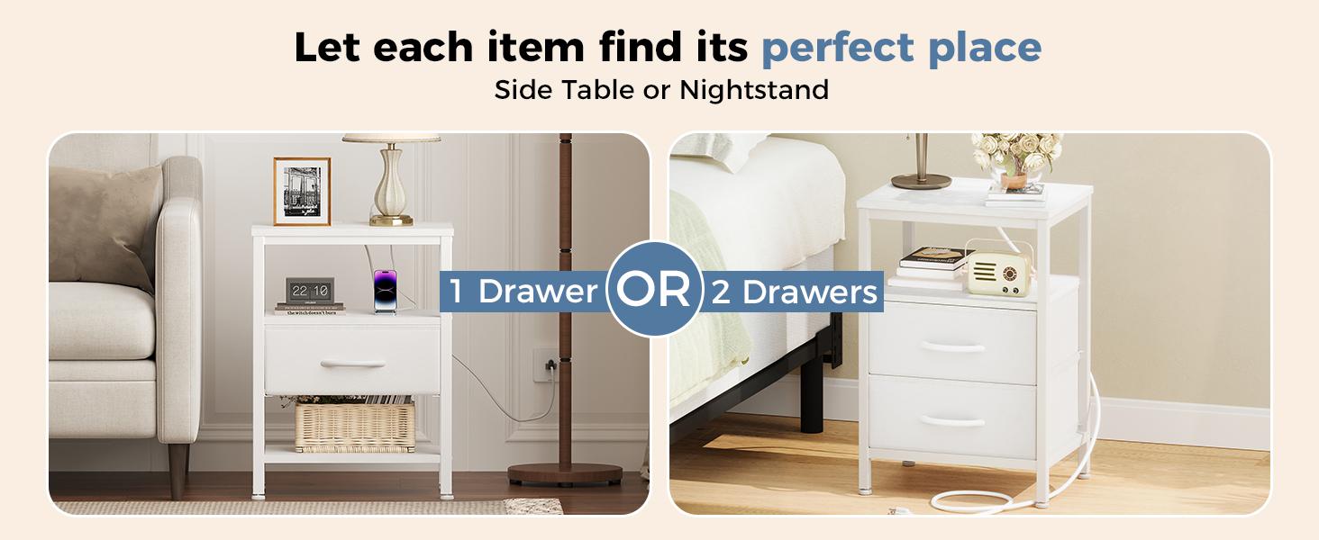 Sweetcrispy Black Wood Nightstand with Charging Station - 2 Fabric Drawers, 2 AC Outlets, USB Ports, Metal Frame, Bedroom Storage Bedside Table, Living Room Decor, Room Decor Apartment Furniture