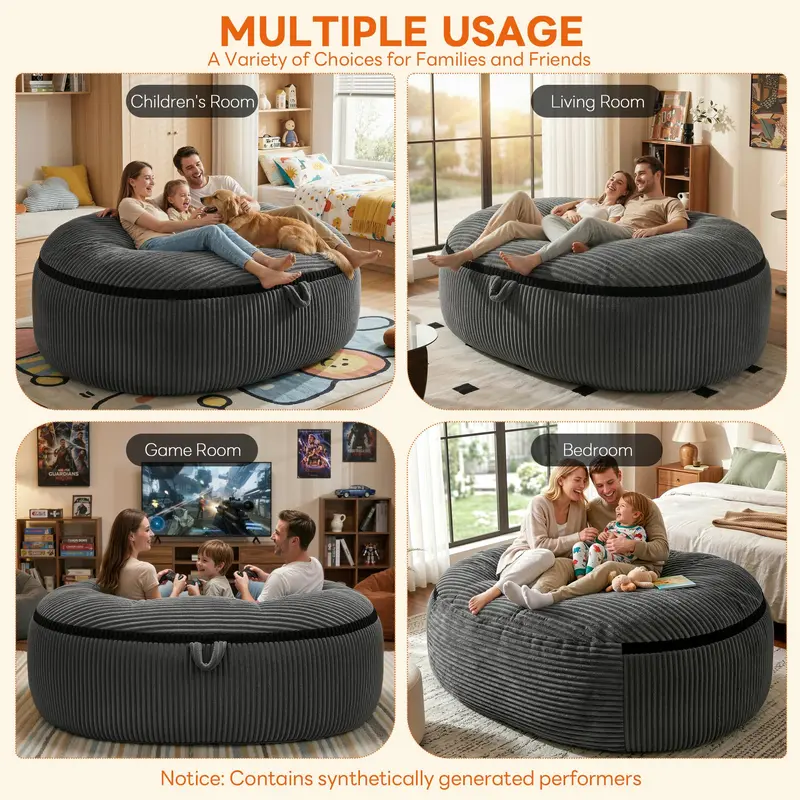 5-8FT Giant Memory Foam Bean Bag Lazy Sofa, Modern Fully Assembled Armless Couch, Durable Corduroy Furniture with Removable Machine-Washable Cover for Living Room & Apartment