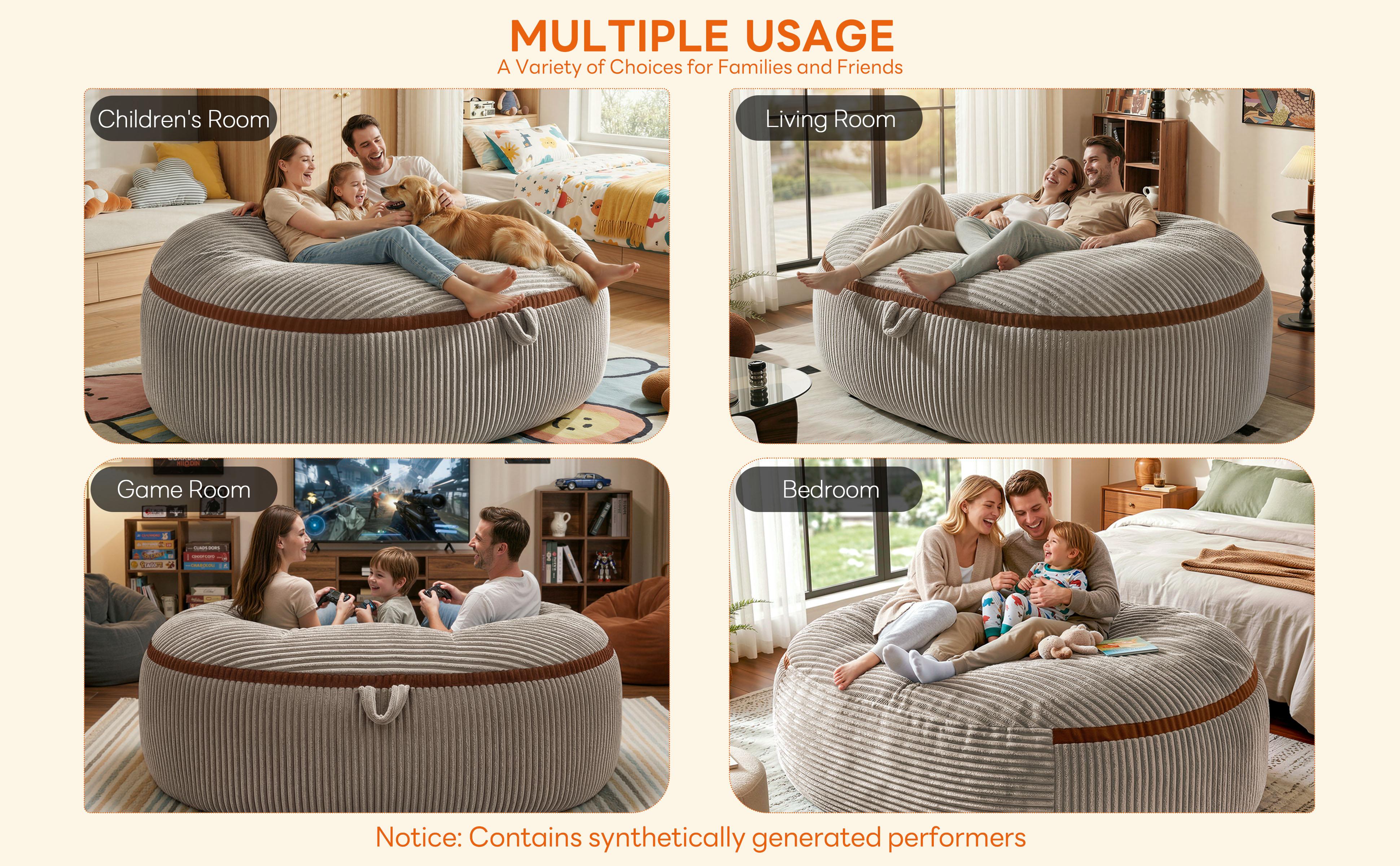 LIKIMIO 5-8FT Giant Memory Foam Beanbag Lazy Sofa - Modern Fully Assembled Armless Durable Living Room Apartment Furniture, Machine-Washable Removable Velvet Cover Indoor Grey Couch