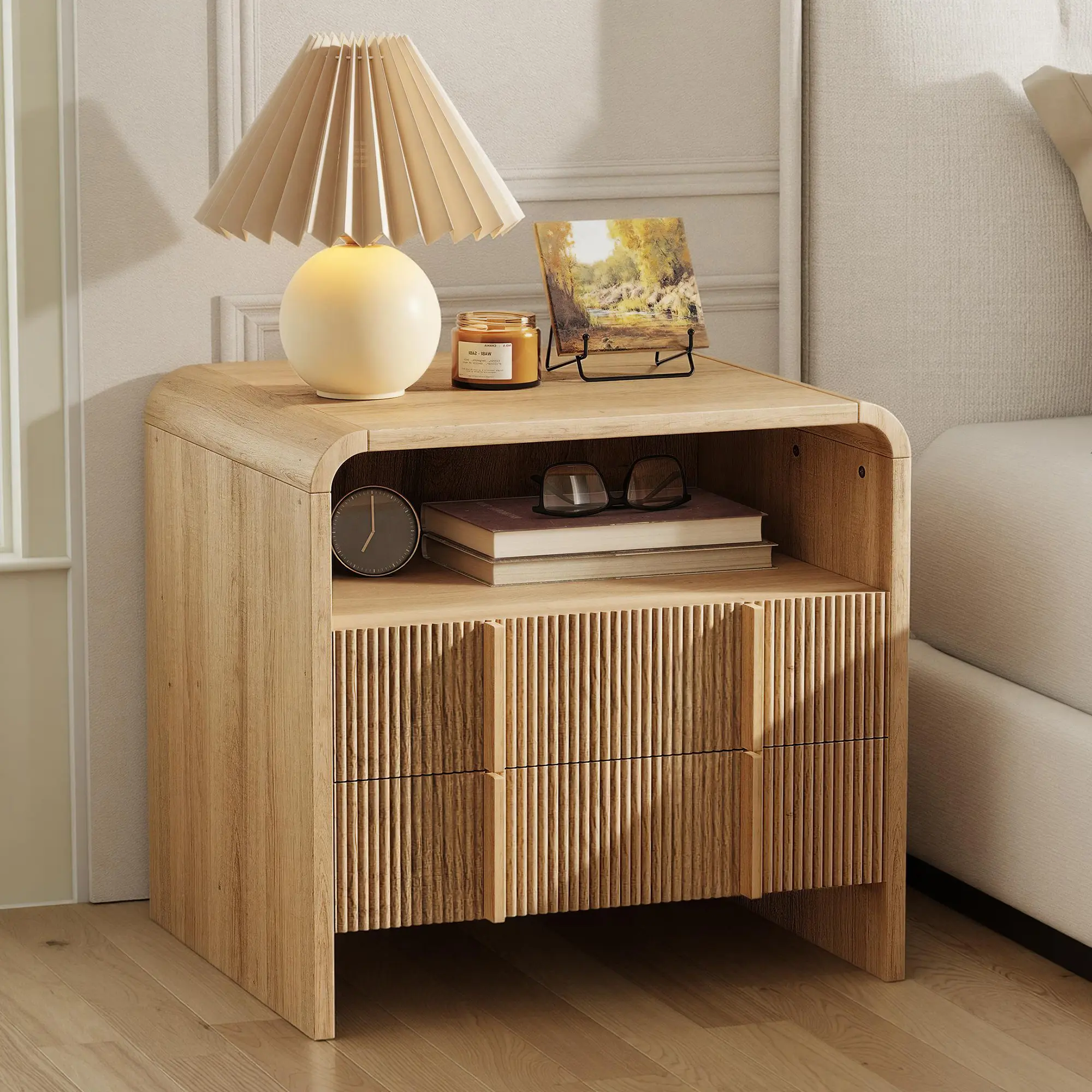 Modern Nightstand Pedestal with Storage Drawer and Pine Handles - Engineered Wood Side Table
