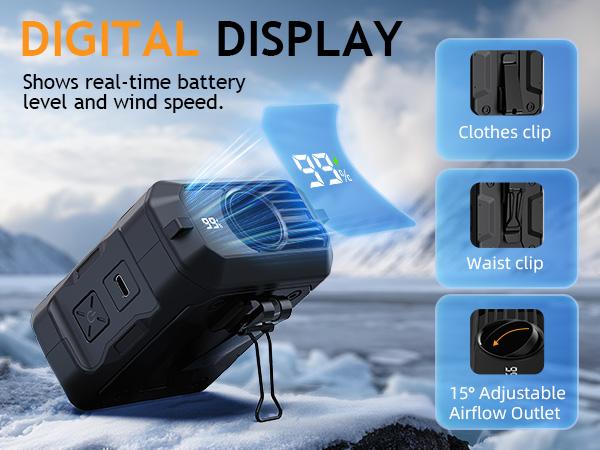 FrSara Waist Fan, 14500mAh PowerBank & 24H Runtime, Portable Rechargeable Fan, 5-Speed w/Lanyard, Flash Light, LED Display, Clip on Wearable Belt for, Hiking, Jobsite Warehouse, Outdoor Work, Golf, Military Life, Gift for Men, Father's Day Gift