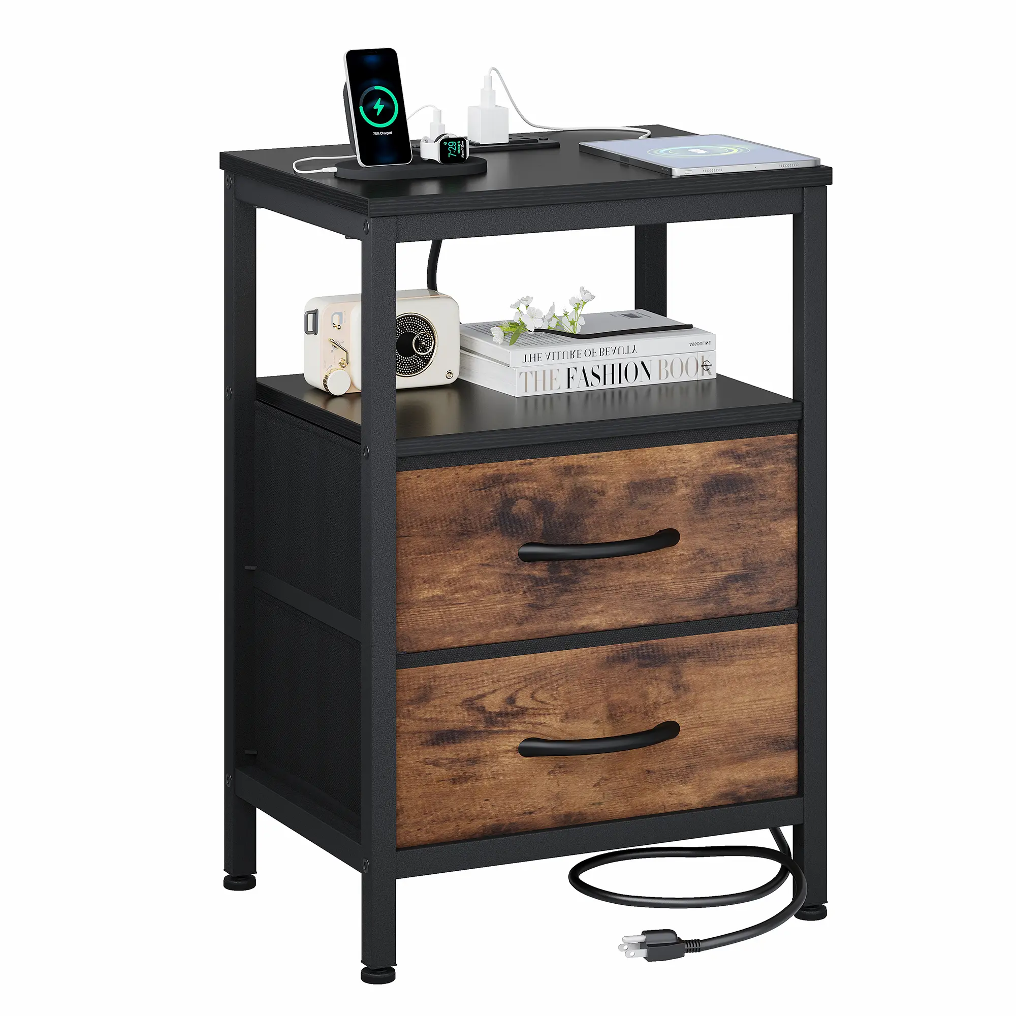 Black Wood‑Look Nightstand with Charging Station, 2 Fabric Drawers, Metal Frame Bedside Table for Bedroom & Apartment