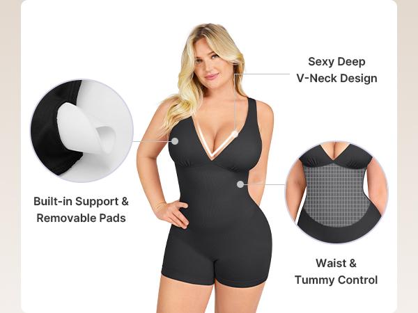SHAPELLX Deep V Sculpt Bodycon Stretch Shorts Jumpsuit Romper Tummy Control Boyleg Bodysuit SHAPELLX Deep V Sculpt Bodycon Stretch Shorts Jumpsuit Romper Tummy Control Boyleg Bodysuit