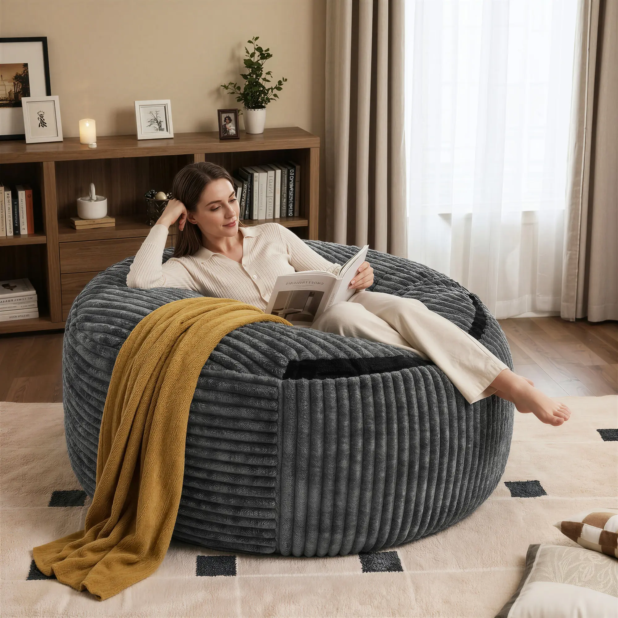 5-8FT Giant Memory Foam Bean Bag Lazy Sofa, Modern Fully Assembled Armless Couch, Durable Corduroy Furniture with Removable Machine-Washable Cover for Living Room & Apartment