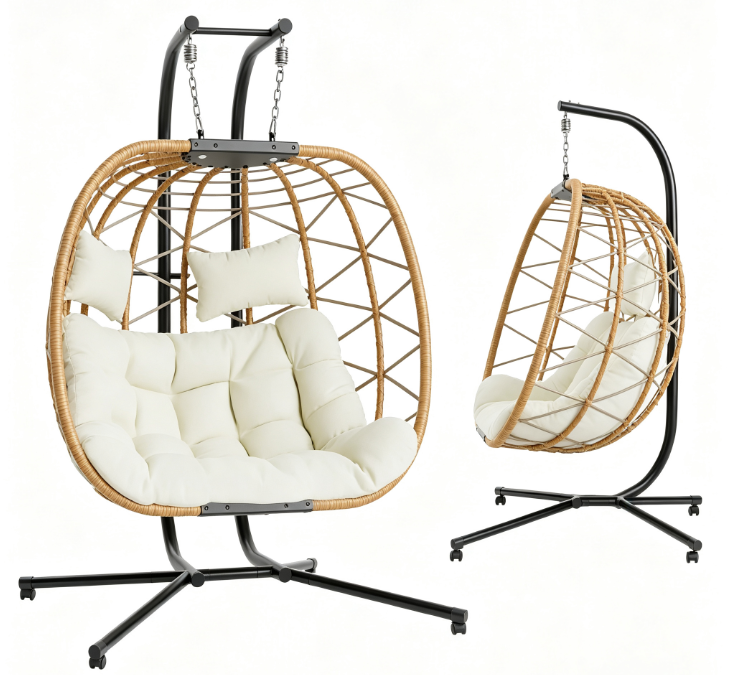 Double Egg Chair with Stand, Wicker Rattan