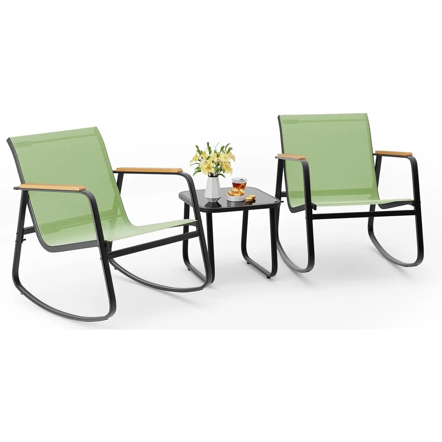 3‑Piece Rocking Bistro Set, PVC‑Coated Polyester Sling Patio Rocking Chairs with Coffee Table for Garden, Balcony & Poolside