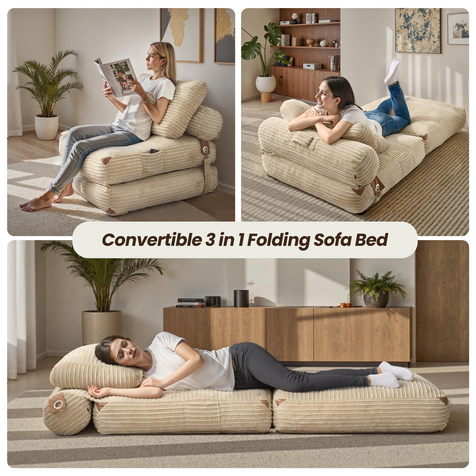 【SohoChic Sale】OVIOS 36" Boneless Chaise Lounge, 3-in-1 Convertible Folding Sofa Bed with Pillow & Lumbar Support, Oversized Sleeper Chair & Floor Couch for Living Room, Bedroom & Apartment, No Assembly Required
