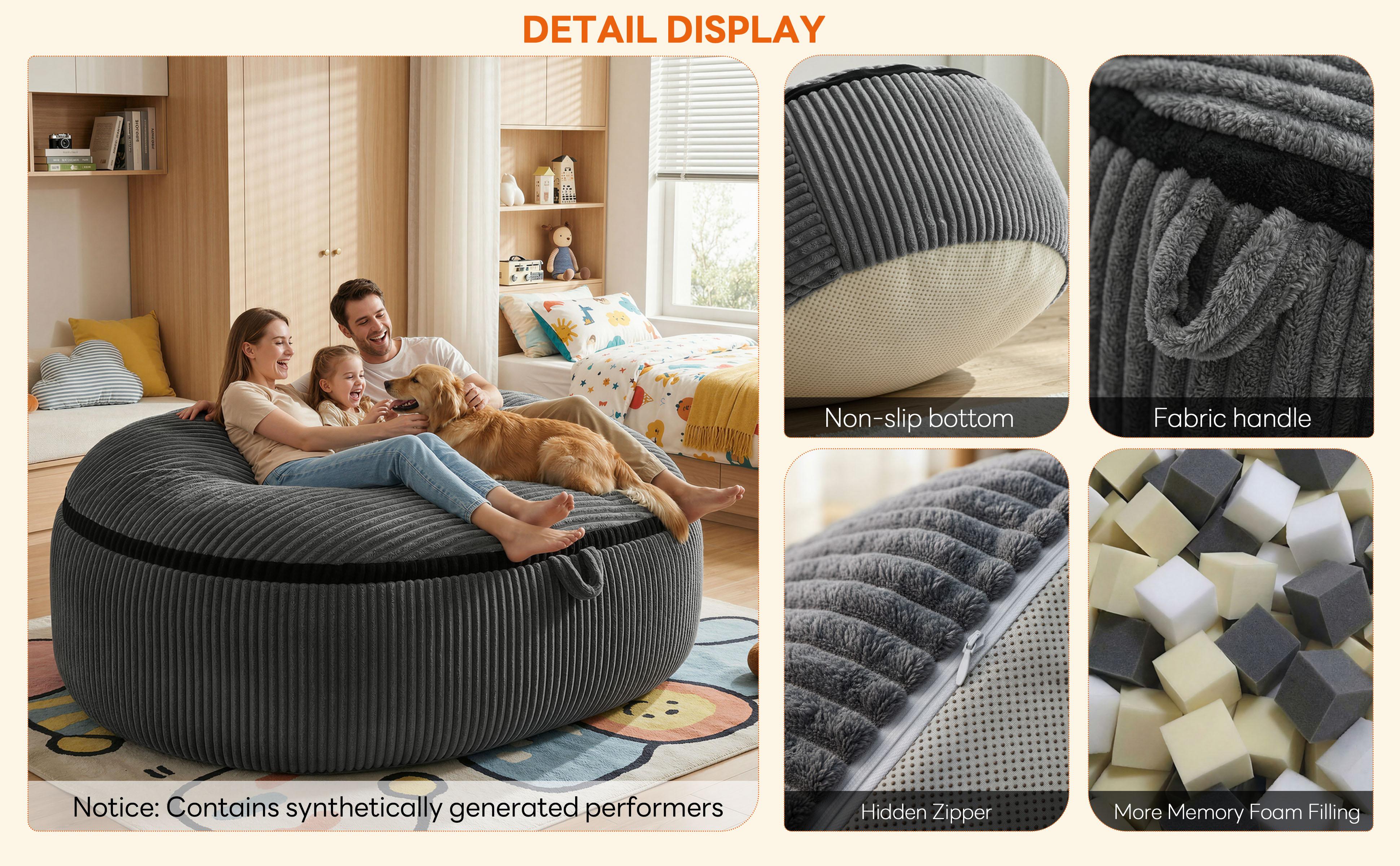 LIKIMIO 5-8FT Giant Memory Foam Beanbag Lazy Sofa - Modern Fully Assembled Armless Durable Living Room Apartment Furniture, Machine-Washable Removable Velvet Cover Indoor Grey Couch LIKIMIO 5-8FT Giant Memory Foam Beanbag Lazy Sofa - Modern Fully Assembled Armless Durable Living Room Apartment Furniture, Machine-Washable Removable Velvet Cover Indoor Grey Couch