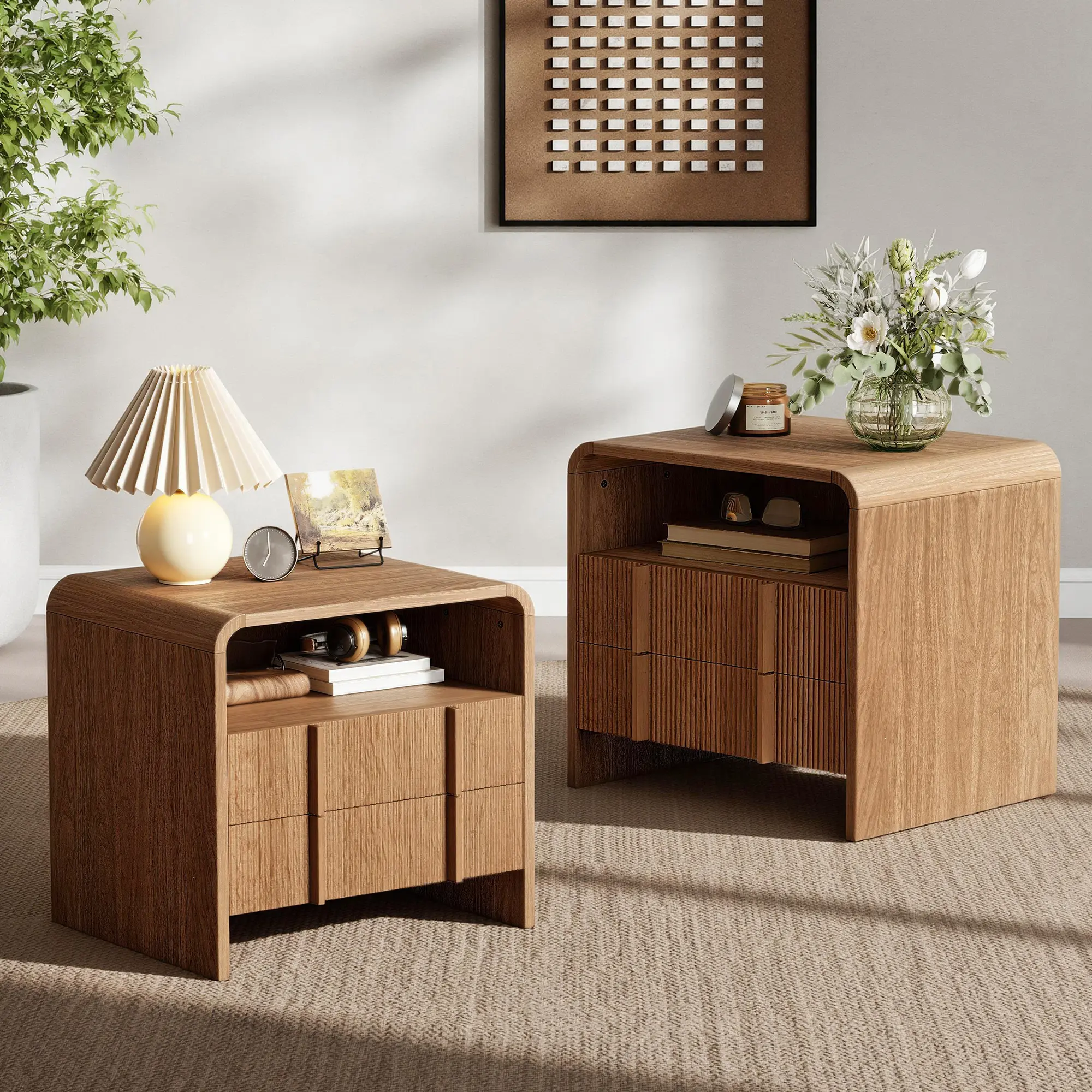 Modern Nightstand Pedestal with Storage Drawer and Pine Handles - Engineered Wood Side Table