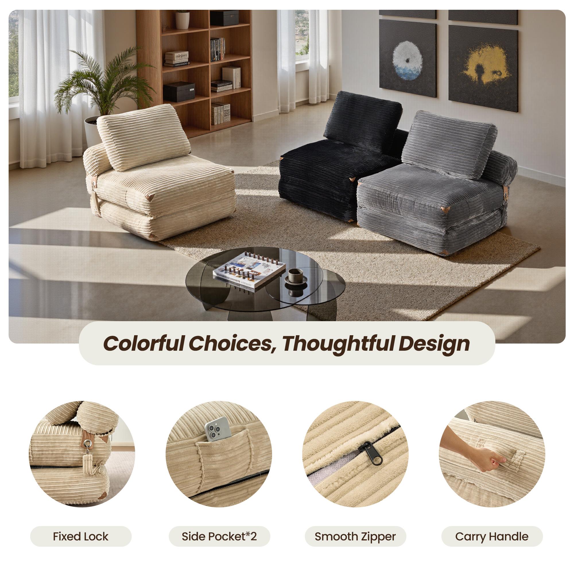 【SohoChic Sale】OVIOS 36" Boneless Chaise Lounge, 3-in-1 Convertible Folding Sofa Bed with Pillow & Lumbar Support, Oversized Sleeper Chair & Floor Couch for Living Room, Bedroom & Apartment, No Assembly Required