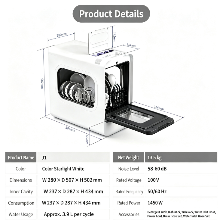 AI Smart Countertop Dishwasher, 28cm Ultra Slim Width, No Plumbing Required, Tank-Type Portable Dishwasher for Small Kitchen