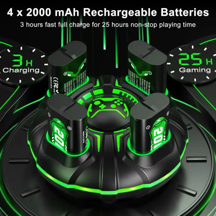 Ponkor Xbox Controller Rechargeable Battery Packs (4×4800mWh) with Fast Charging Dock, Compatible with Xbox One, Series X|S, High-Capacity, Long-Lasting, LED Glow, Overheat Protection