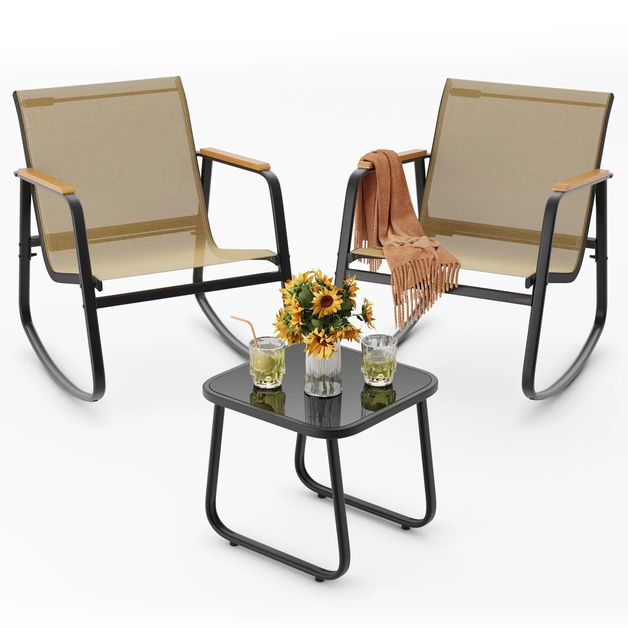 3‑Piece Rocking Bistro Set, PVC‑Coated Polyester Sling Patio Rocking Chairs with Coffee Table for Garden, Balcony & Poolside