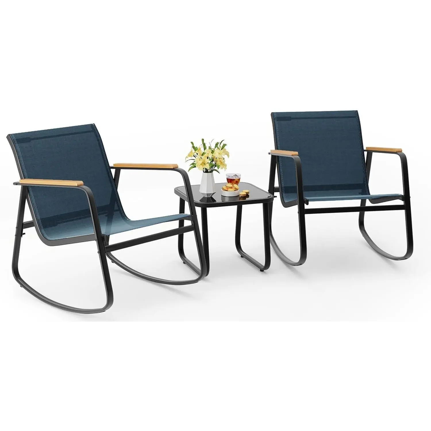 3‑Piece Rocking Bistro Set, PVC‑Coated Polyester Sling Patio Rocking Chairs with Coffee Table for Garden, Balcony & Poolside
