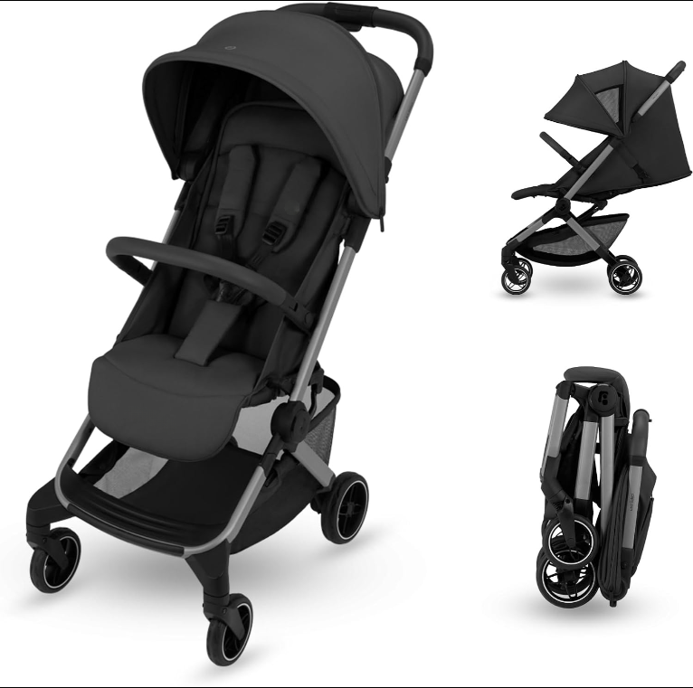 Lightweight Compact Baby Stroller for 0-4 Years (Up to 22kg), Automatic One-Hand Fold, 3 Reclining Positions with Full Lie Flat Mode, Comes with Shoulder Strap, Essential Black
