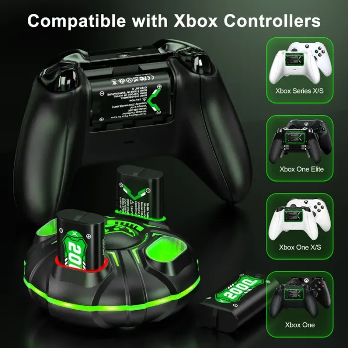 Ponkor Xbox Controller Rechargeable Battery Packs (4×4800mWh) with Fast Charging Dock, Compatible with Xbox One, Series X|S, High-Capacity, Long-Lasting, LED Glow, Overheat Protection