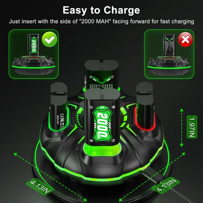 Ponkor Xbox Controller Rechargeable Battery Packs (4×4800mWh) with Fast Charging Dock, Compatible with Xbox One, Series X|S, High-Capacity, Long-Lasting, LED Glow, Overheat Protection
