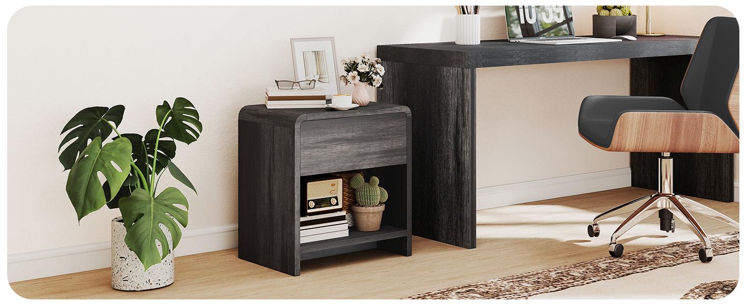 AMERLIFE Modern Rectangle Nightstand Pedestal - Minimalist 2-Style Compact Engineered Wood End Table with Storage Drawer, Open Shelves, Curved Profile, Pine Handles - for Bedroom, Kid Room, Small Spaces, Modern Accent Tables, Assembly Required