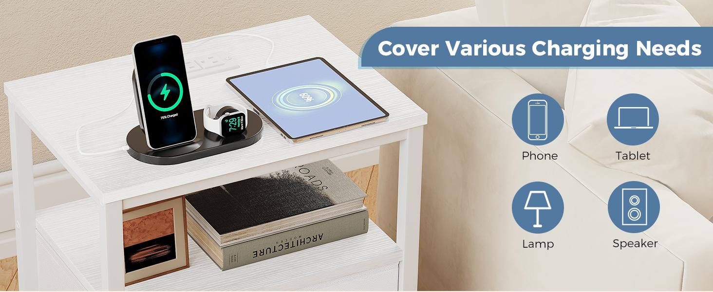 Sweetcrispy Black Wood Nightstand with Charging Station - 2 Fabric Drawers, 2 AC Outlets, USB Ports, Metal Frame, Bedroom Storage Bedside Table, Living Room Decor, Room Decor Apartment Furniture