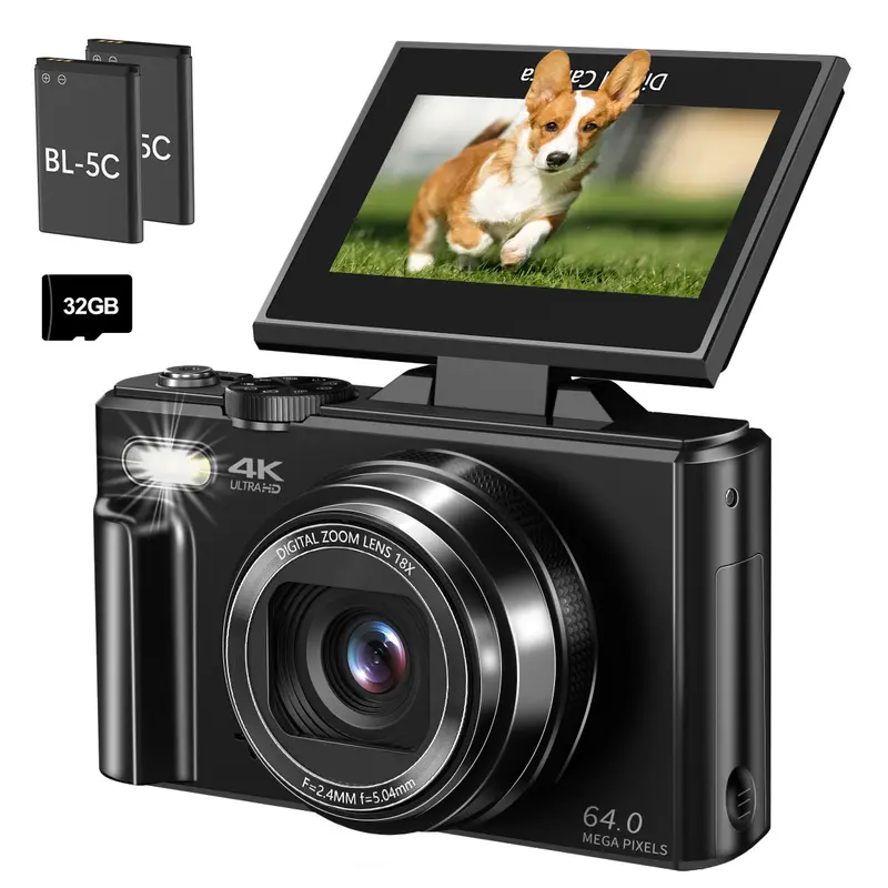 4K Digital Camera for Photography with 64MP, 3 Inch 180° Flip Screen, 18X Digital Zoom, 32GB Micro SD Card, 2 Batteries, Ideal for Gift,father'sdaygifts