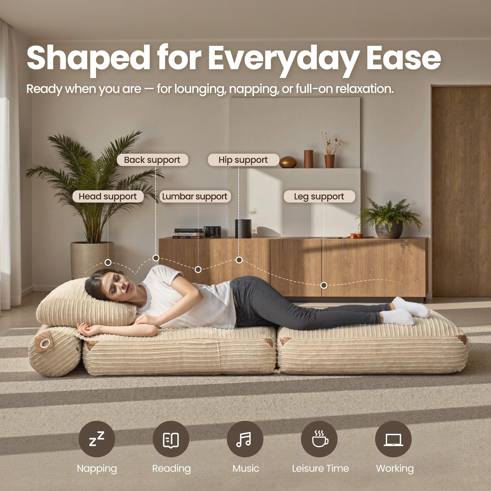 【SohoChic Sale】OVIOS 36" Boneless Chaise Lounge, 3-in-1 Convertible Folding Sofa Bed with Pillow & Lumbar Support, Oversized Sleeper Chair & Floor Couch for Living Room, Bedroom & Apartment, No Assembly Required