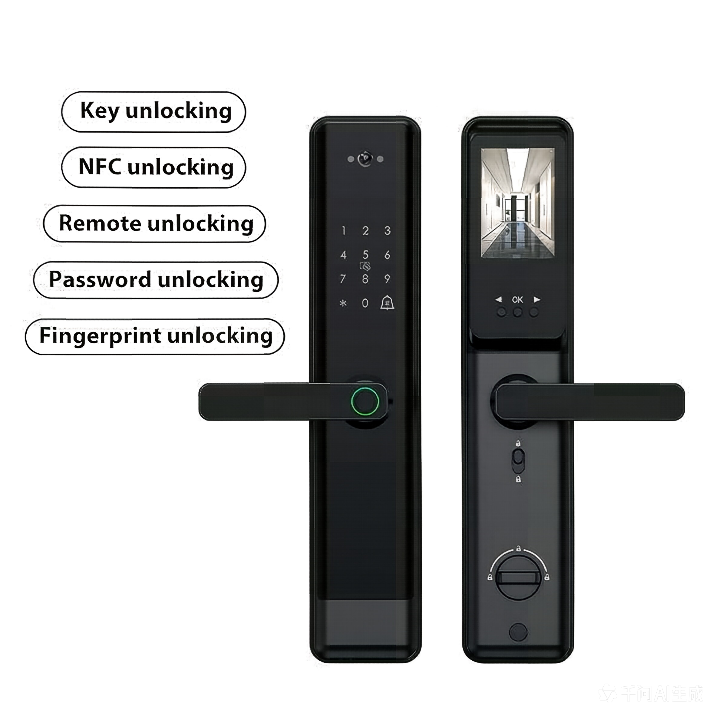 Cat-eye visual fingerprint lock with camera for remote home security, wooden door graffiti smart lock