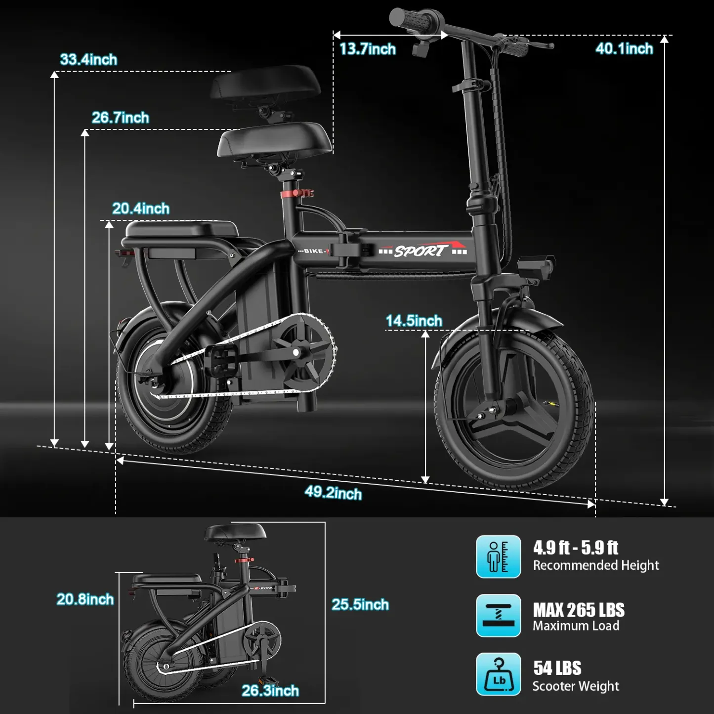 E-Bike Plegable 1200W con 2 Asientos, Llantas de 14", Freno de Disco Trasero, Hasta 25MPH y Autonomía de 22-40 Millas para Ciudad y Paseos