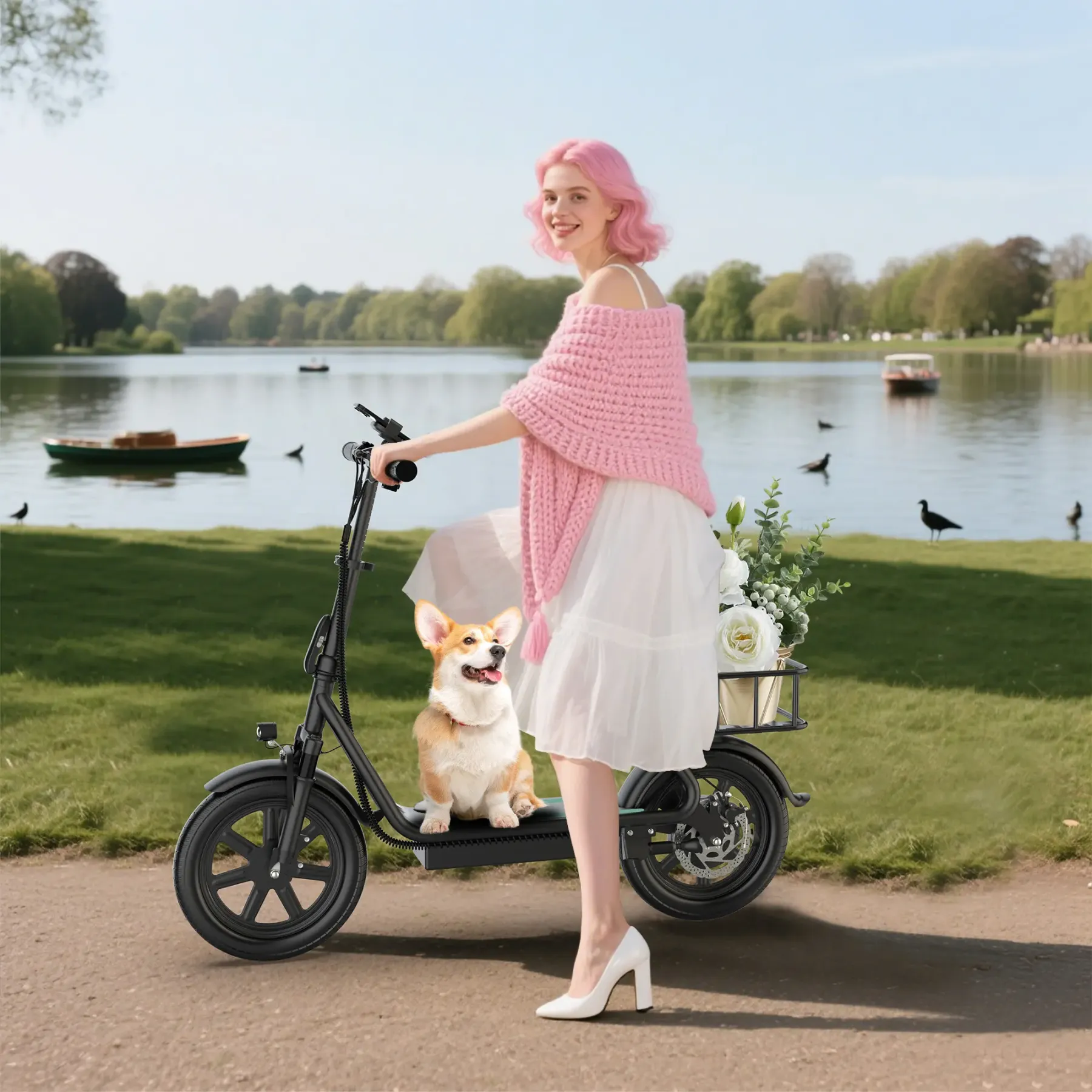 Patín Eléctrico Plegable para Adultos con Asiento, Cesta de Almacenamiento, Motor 500W, Frenos de Disco, Luz LED y Autonomía de hasta 45 km