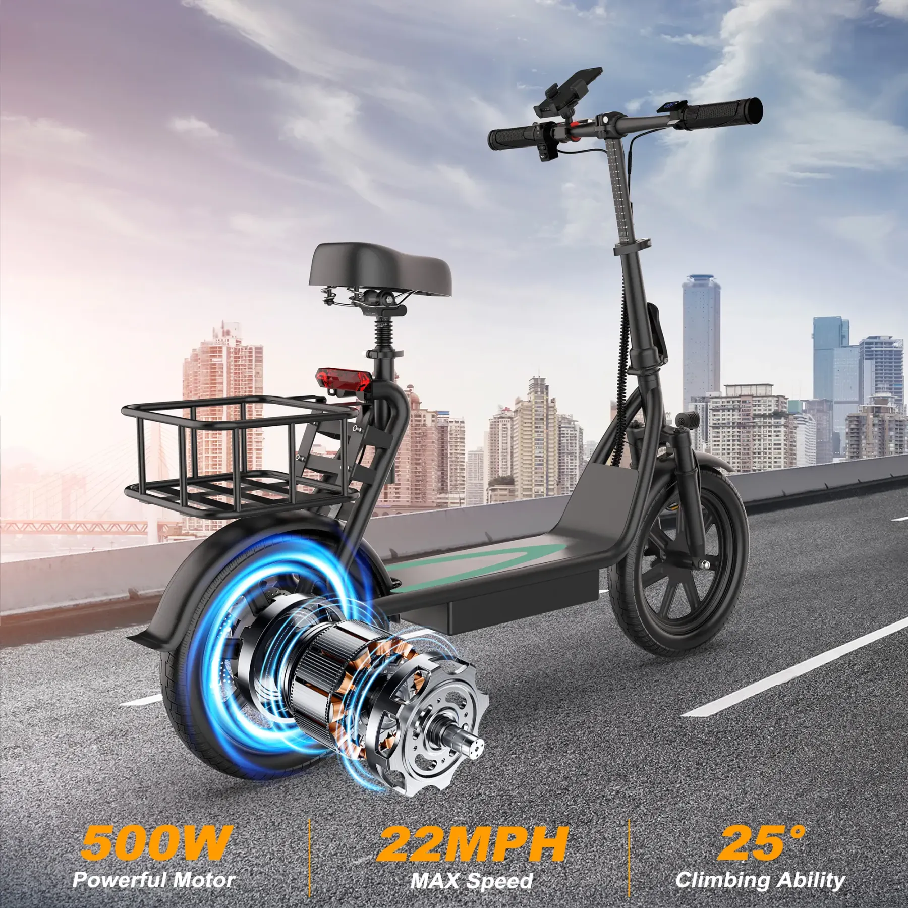 Patín Eléctrico Plegable para Adultos con Asiento, Cesta de Almacenamiento, Motor 500W, Frenos de Disco, Luz LED y Autonomía de hasta 45 km