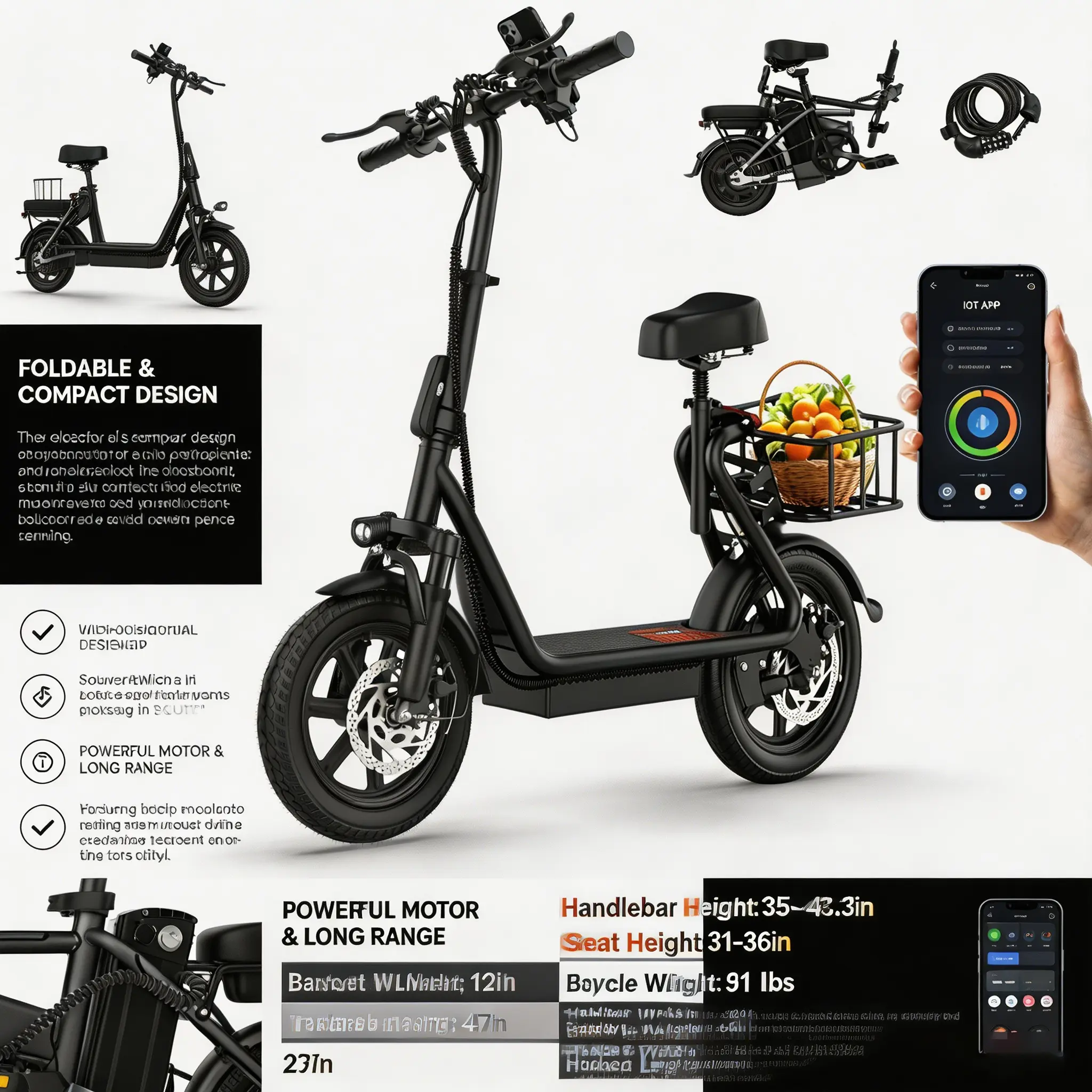 Patín Eléctrico Plegable para Adultos con Asiento, Cesta de Almacenamiento, Motor 500W, Frenos de Disco, Luz LED y Autonomía de hasta 45 km