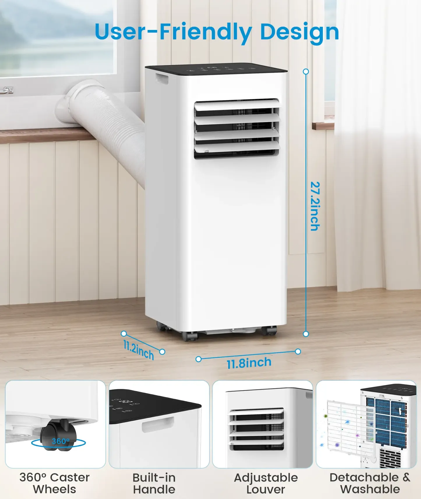 Aire Acondicionado Portátil 8,000/10,000 BTU – Enfría hasta 350/450 ft², 4 Modos, Control Remoto, Pantalla LED, Temporizador 24H, Kit de Instalación – Ideal para Dormitorio, Oficina o Hogar