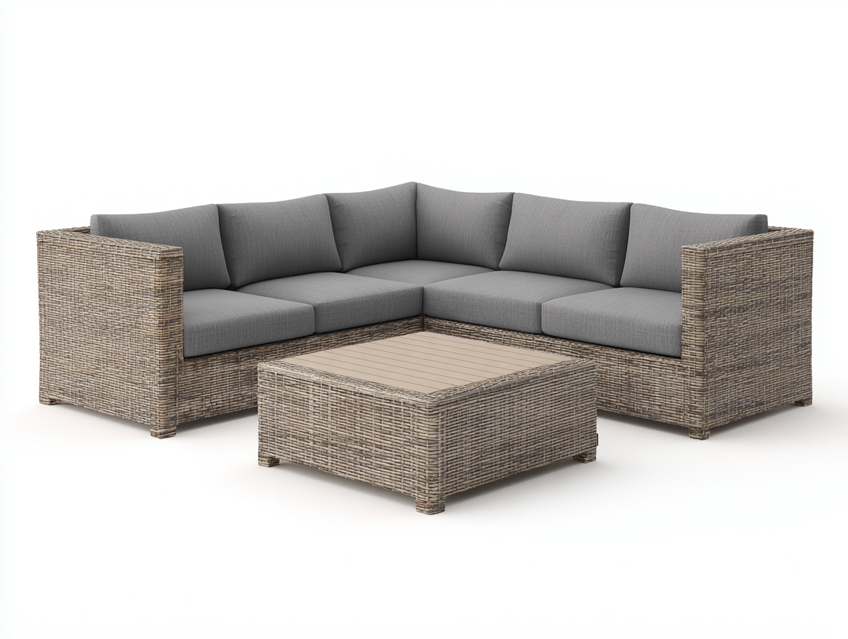 Ecksofa Rattan 230x230x75 cm - Natur- Grau - Mit Couchtisch und Polsterung - Modernes Design für Garten-Siriyspace