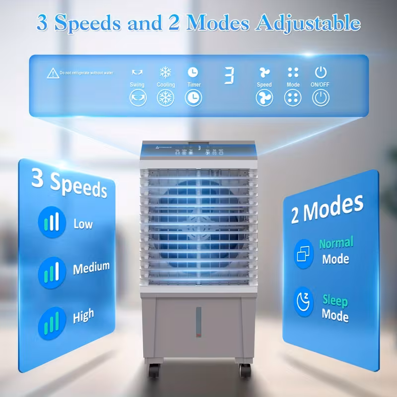 evaporative air cooler 1800cfm swamp cooler with 12h timer 110 remote 3 gal water tank 3 packs 3 in 1 evaporative cooler for outdoor indoor use Product details 5