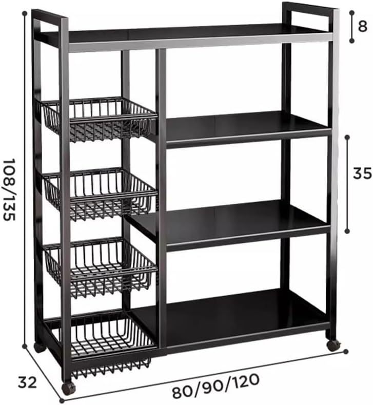 Estantería Móvil de 4 Niveles con Ruedas | 3 Cestas Extraíbles, Altura Ajustable y Giro 360°