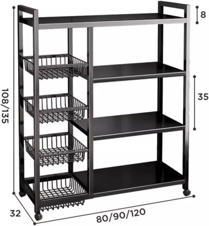 Estantería Móvil de 4 Niveles con Ruedas | 3 Cestas Extraíbles, Altura Ajustable y Giro 360°