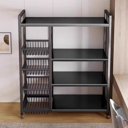 Estantería Móvil de 4 Niveles con Ruedas | 3 Cestas Extraíbles, Altura Ajustable y Giro 360°