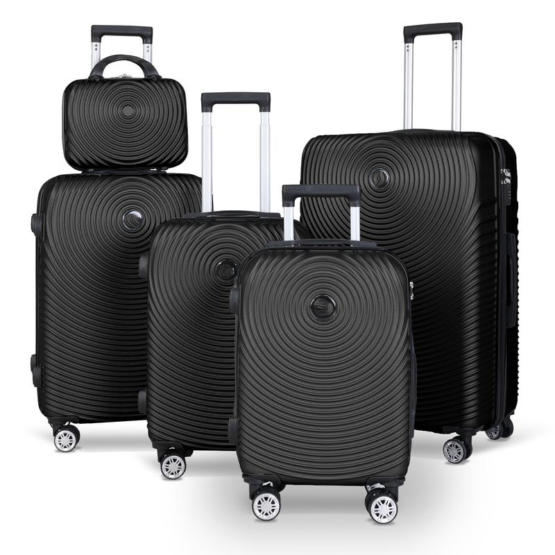 Set de 5 Valises – ABS Rigide Anti-Choc, 57/67/77 cm, Roulettes 360° Silencieuses, Cadenas TSA, Léger et Résistant, Couleur Noir, Trousse de Toilette Incluse