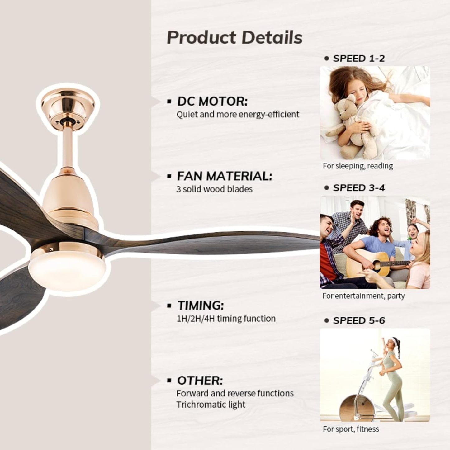 Ventilador de Techo con Luz LED | 3 Aspas de Madera, 6 Velocidades y Control APP + Mando