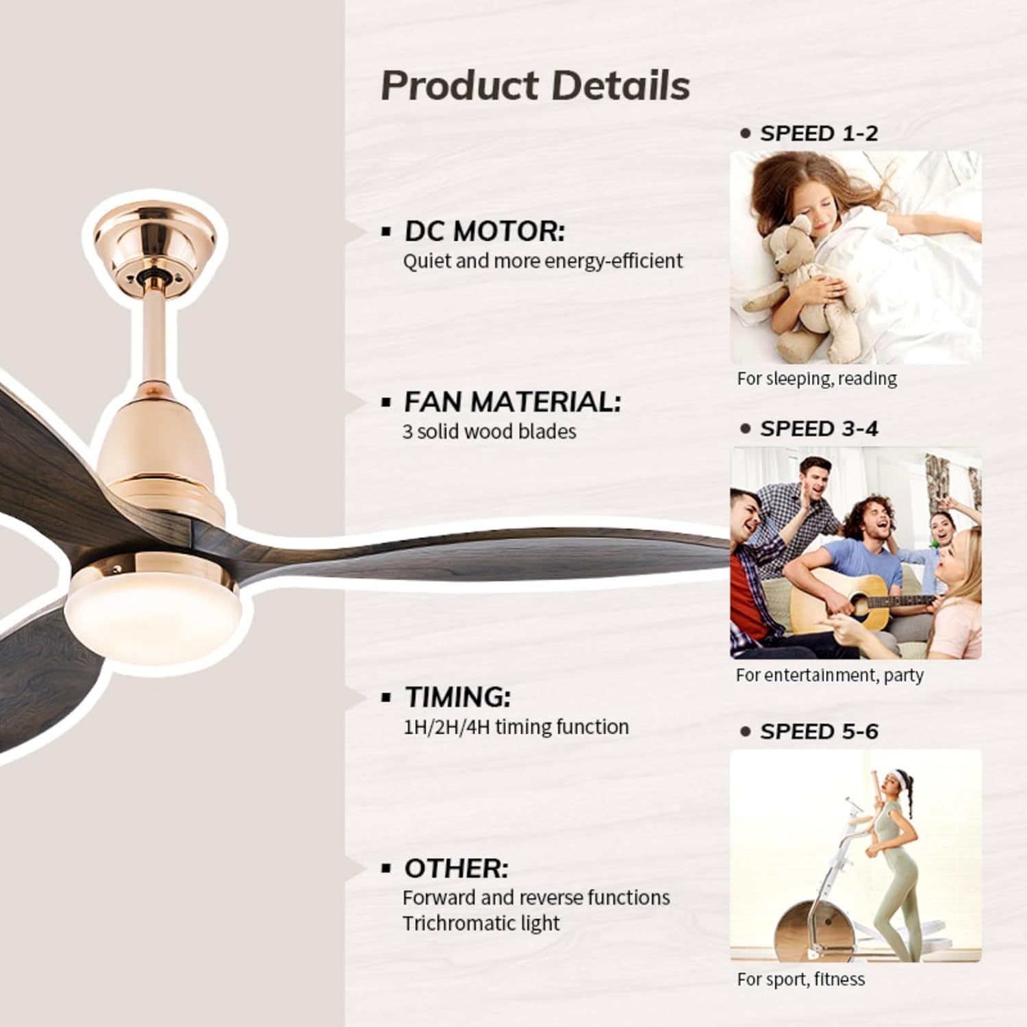 Ventilador de Techo con Luz LED | 3 Aspas de Madera, 6 Velocidades y Control APP + Mando