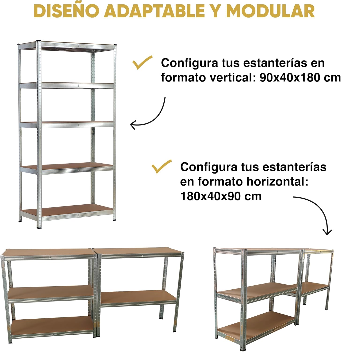 Pack 2 Estanterías Metálicas 180×90×40 cm | 5 Baldas MDF Ajustables, Acero Galvanizado para Garaje y Trastero